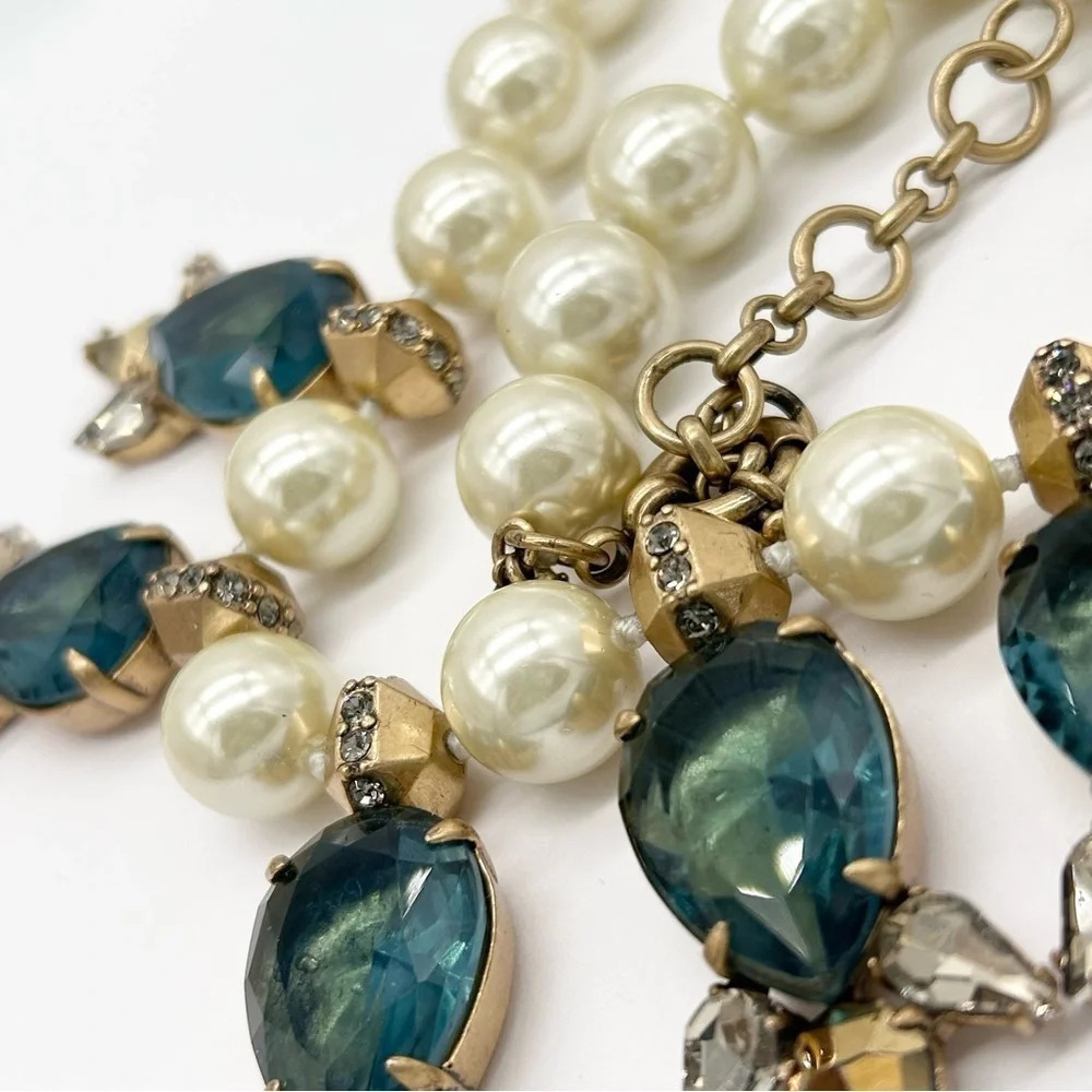 J. Crew Blue/Green Teardrop Gems and Jumbo Pearl Necklace - Picture 4 of 7